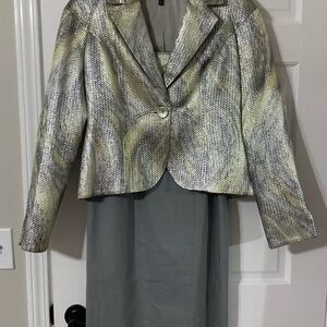 Hilton Hollis Metallic Silver Yellow & Gray Textured Blazer and Dress Set Size 8